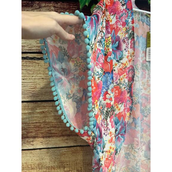 Gianni Bini Open Front Kimono Cardigan Floral Garden Spring Pom Pom Boho OS NWT - Picture 3 of 5
